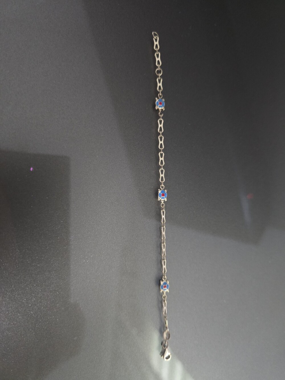 14 K Gold Link Bracelet with Blue and Red Flower Charm - Picture 5 of 12